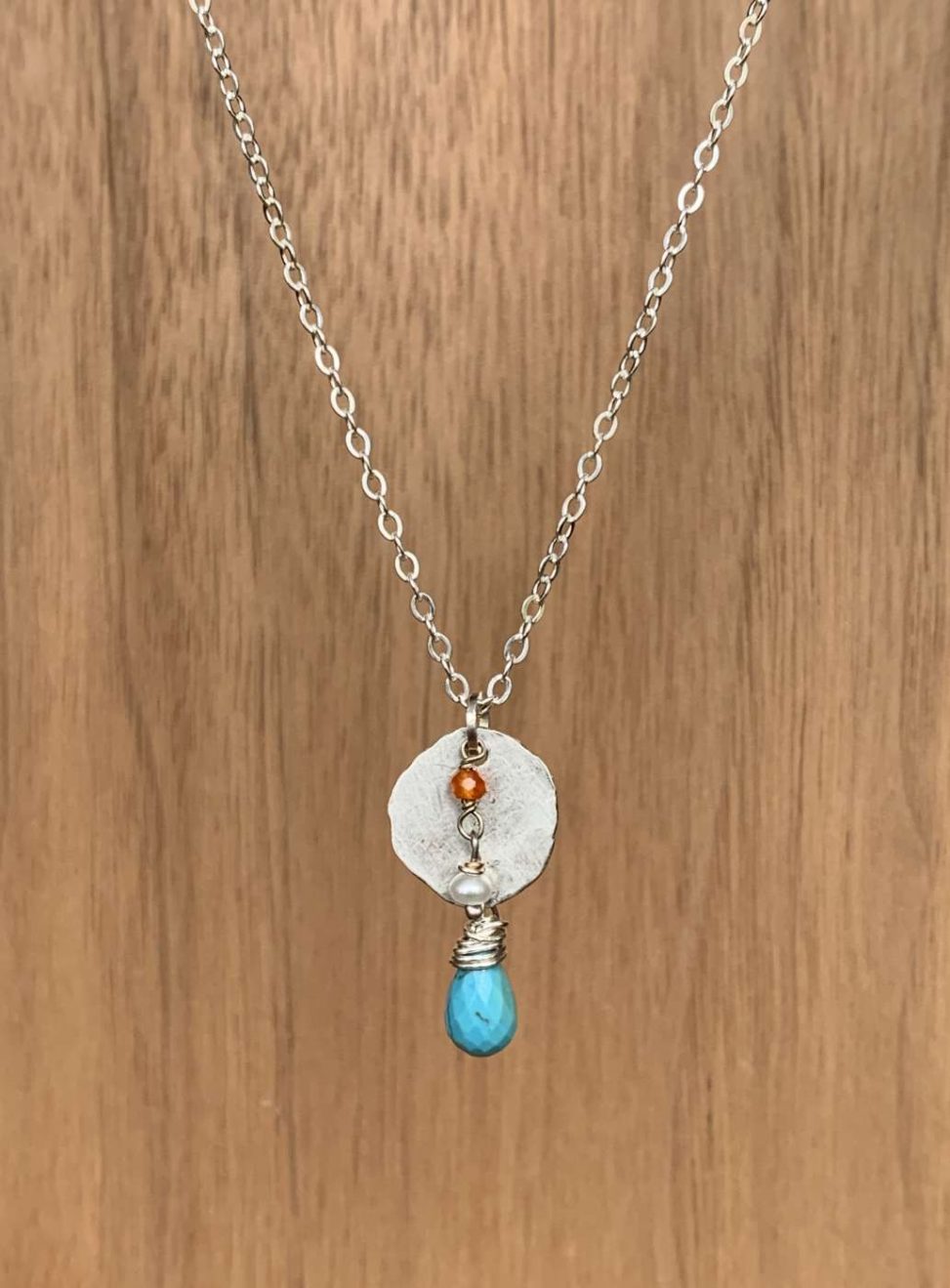 recycled silver disc with turquoise and carnelian necklace